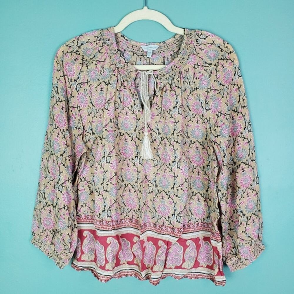 Lucky Brand Women's Boho Floral Paisley Border Print Peasant Blouse Size Medium